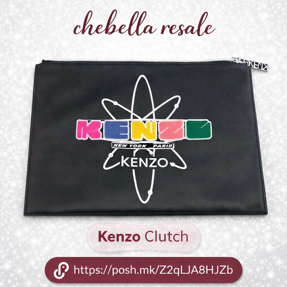 Kenzo Black leather Pouch with Colorful Logo high designer luxury piece like new